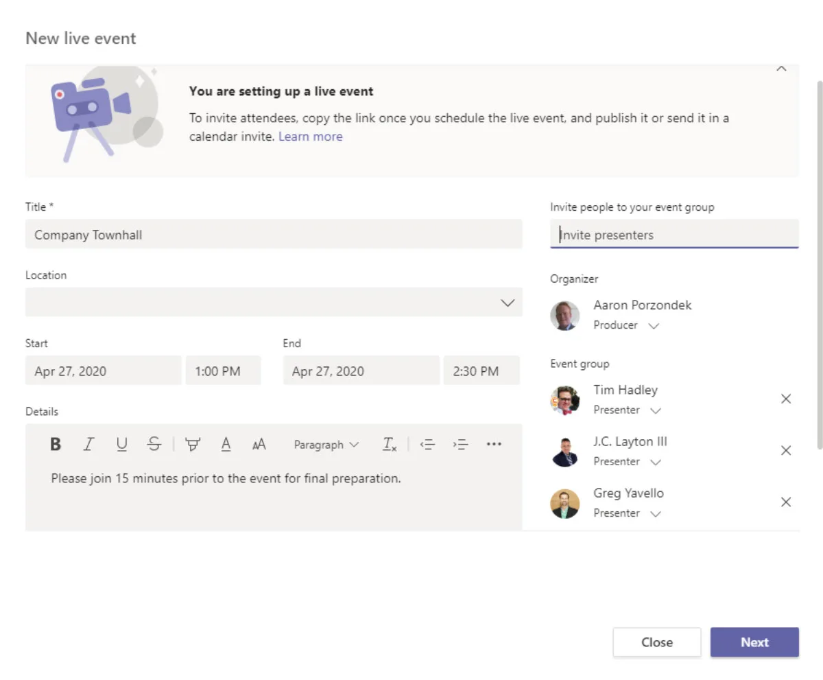 Setting up a live event screenshot