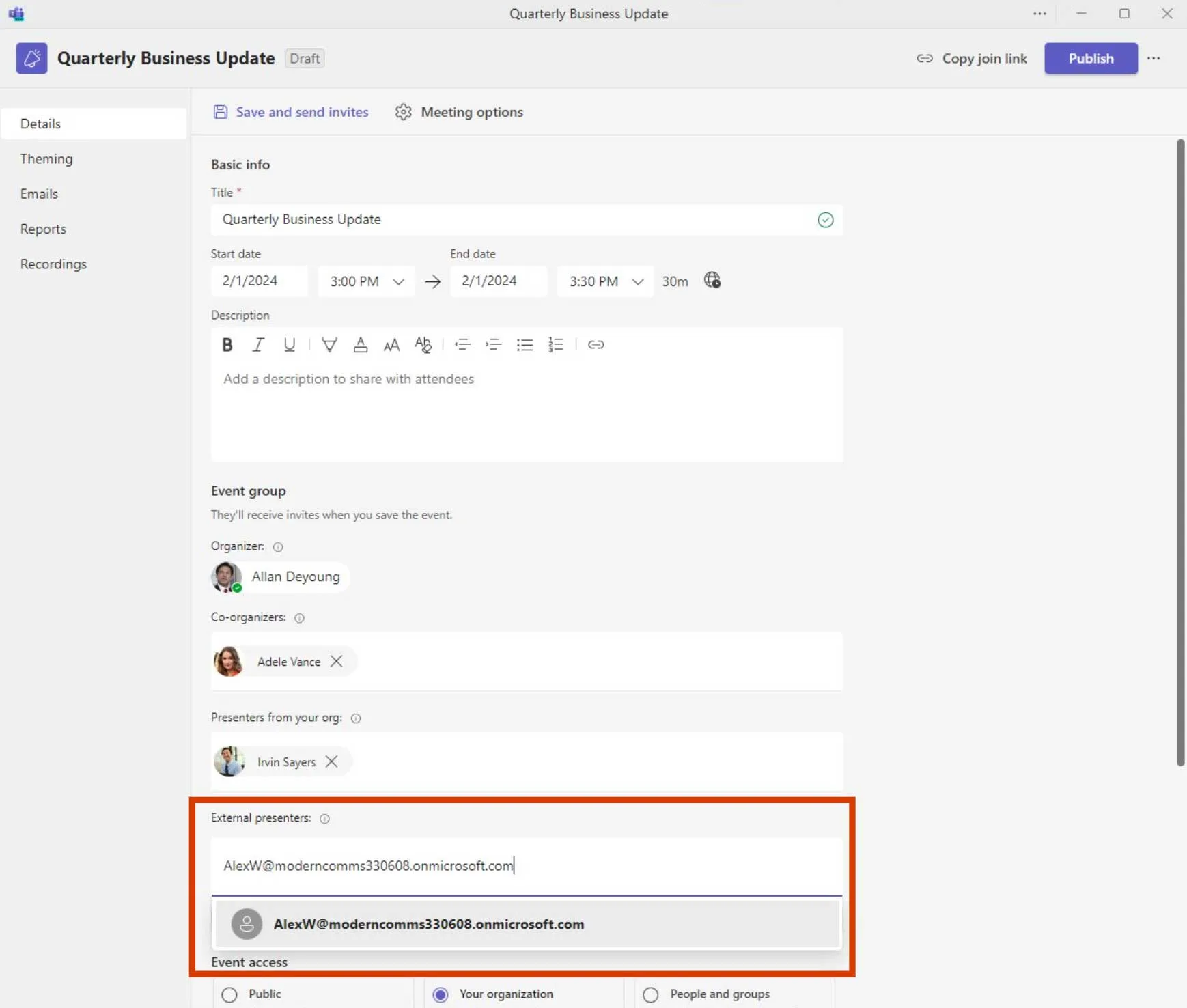 Inviting external presenters screenshot 1