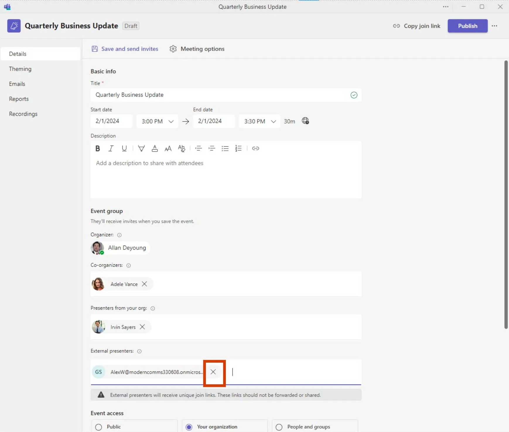 Inviting external presenters screenshot 2