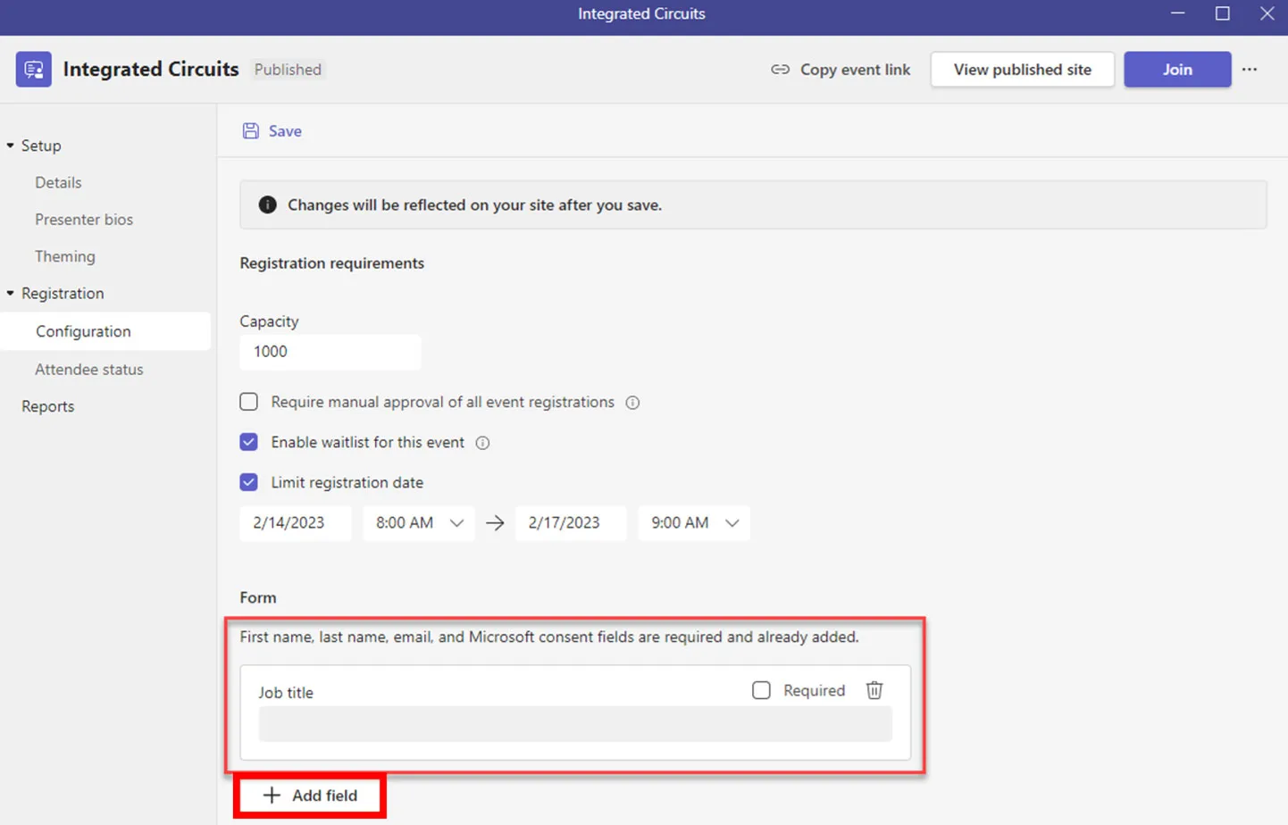 Webinar event registration configuration​​​ screenshot 2
